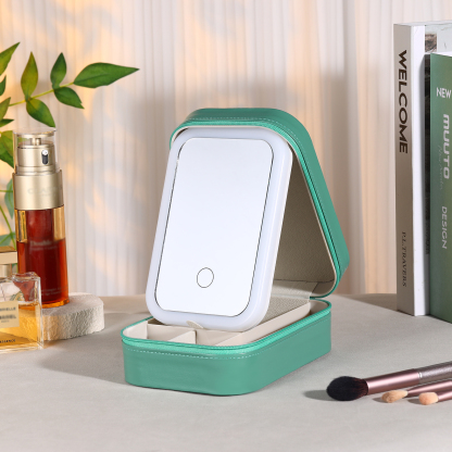 Personalised Birth Flower Portable Leather Jewelry Box with Name and LED Three Color Adjustable Makeup Mirror Travel Essential | Jessemade