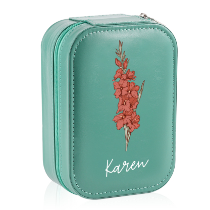 Personalised Birth Flower Portable Leather Jewelry Box with Name and L