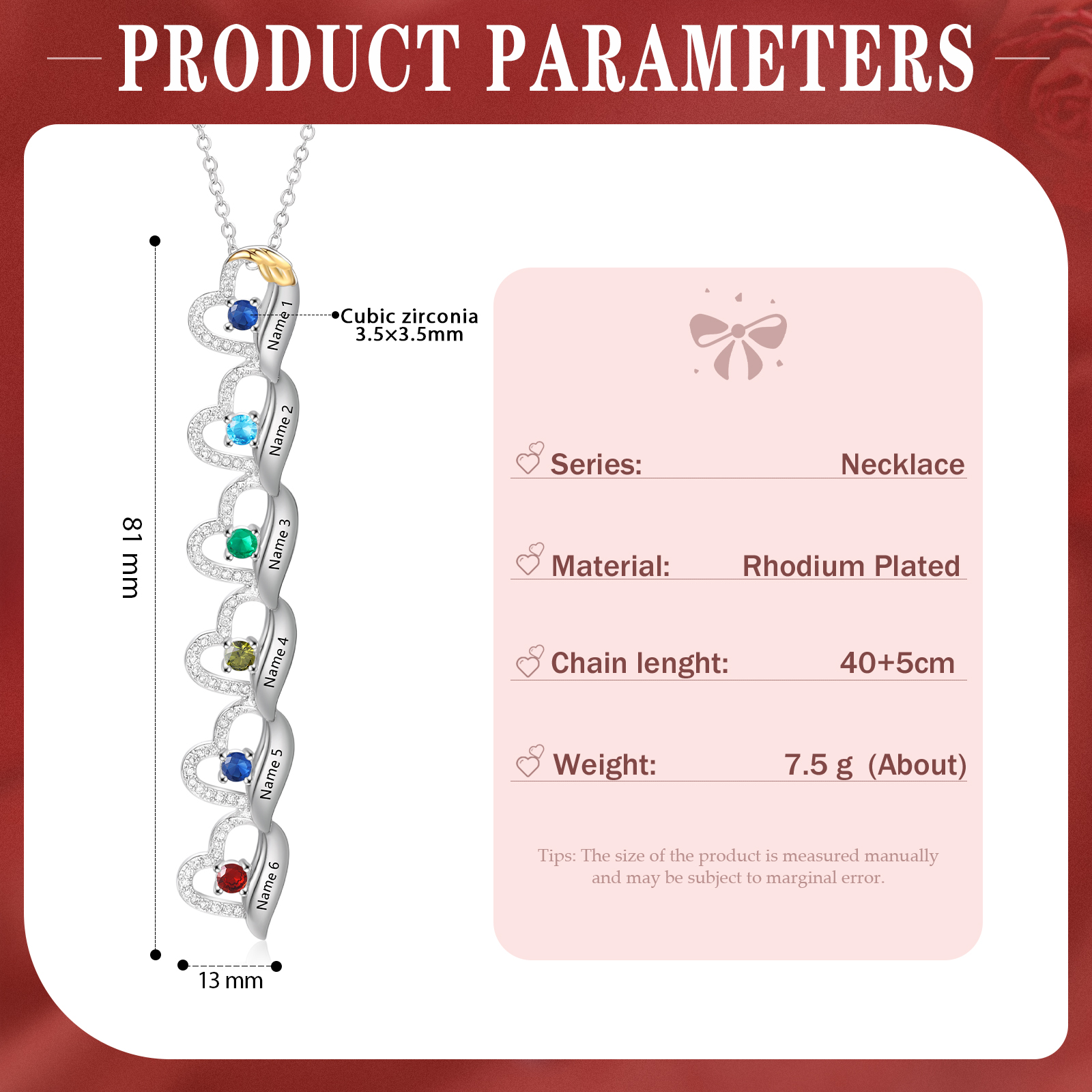 Personalised Heart Necklace, Customized 6 Names and 6 Birthstones Women's Pendant Necklace Gift for Nan | Jessemade
