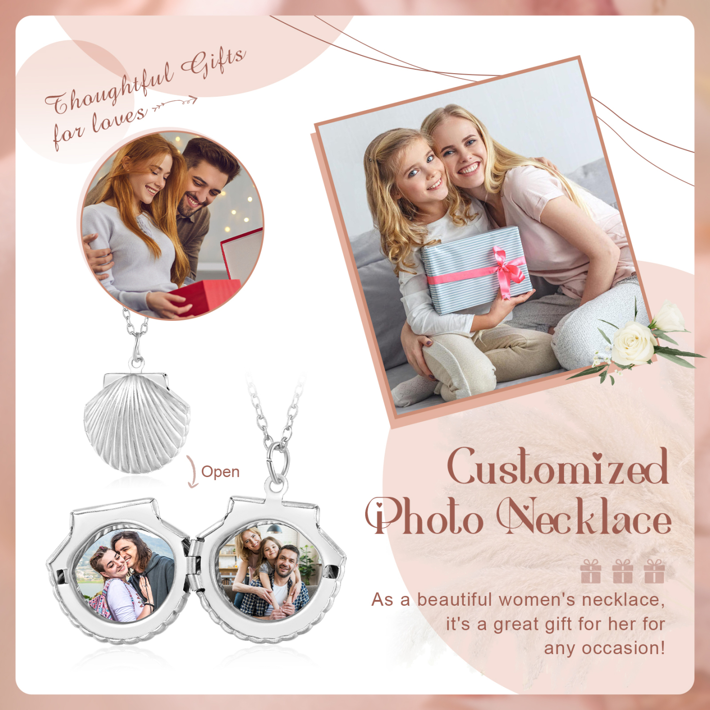 Personalised Women’s Seashell Locket Necklace – Customisable with 2 Photos, Available in Silver, Gold, and Rose Gold | Valentine’s Day Gift for Her | Jessemade