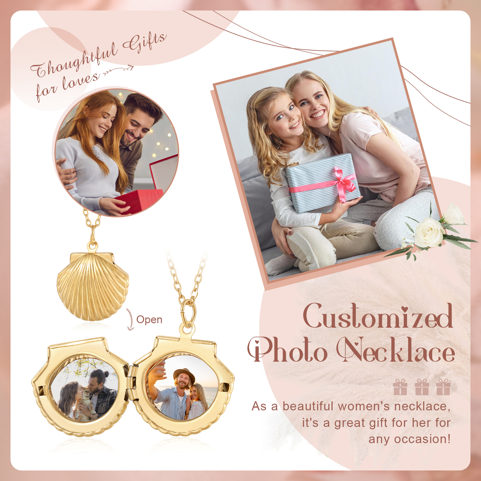 Personalised Women’s Seashell Locket Necklace – Customisable with 2 Photos, Available in Silver, Gold, and Rose Gold | Valentine’s Day Gift for Her | Jessemade