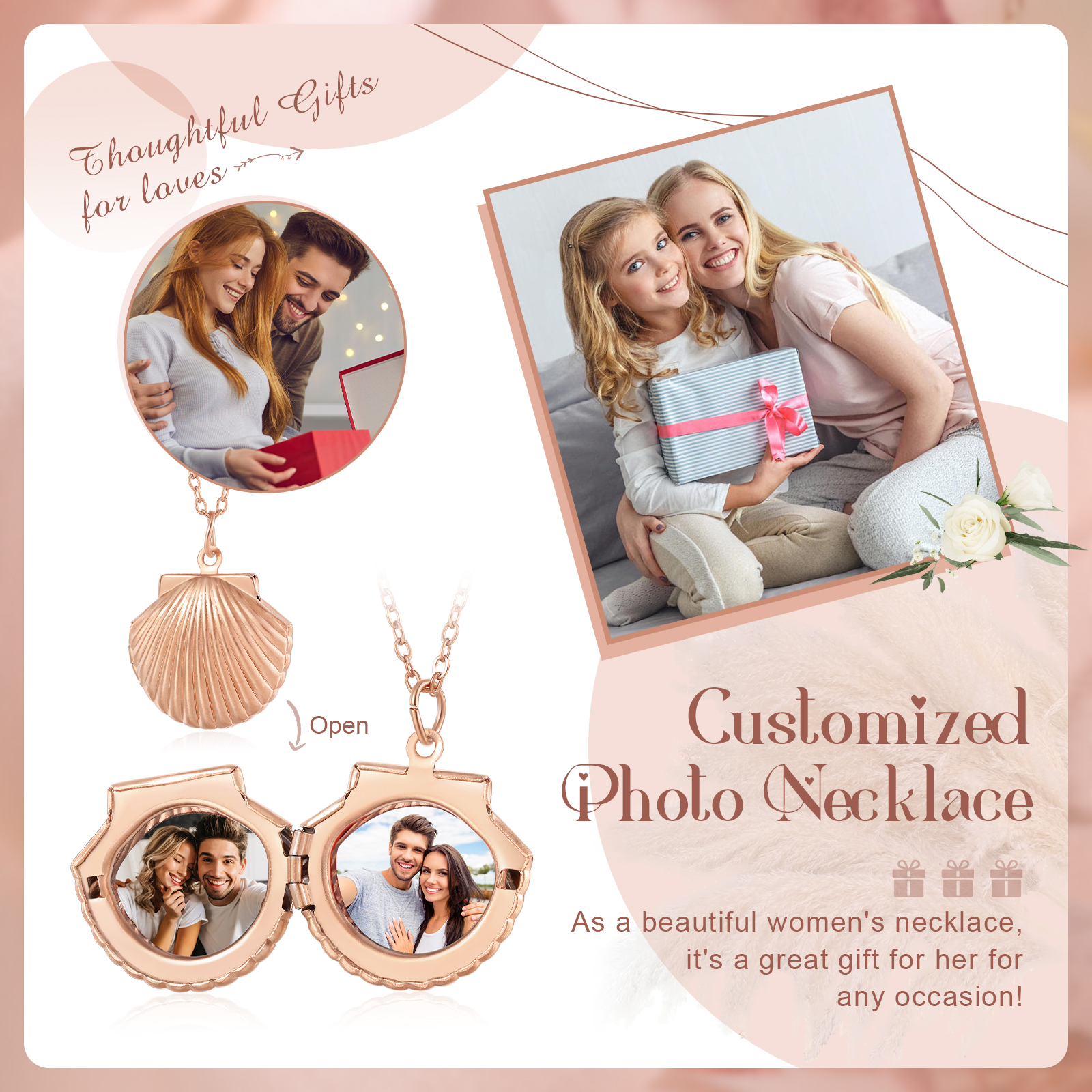 Personalised Women’s Seashell Locket Necklace – Customisable with 2 Photos, Available in Silver, Gold, and Rose Gold | Valentine’s Day Gift for Her | Jessemade