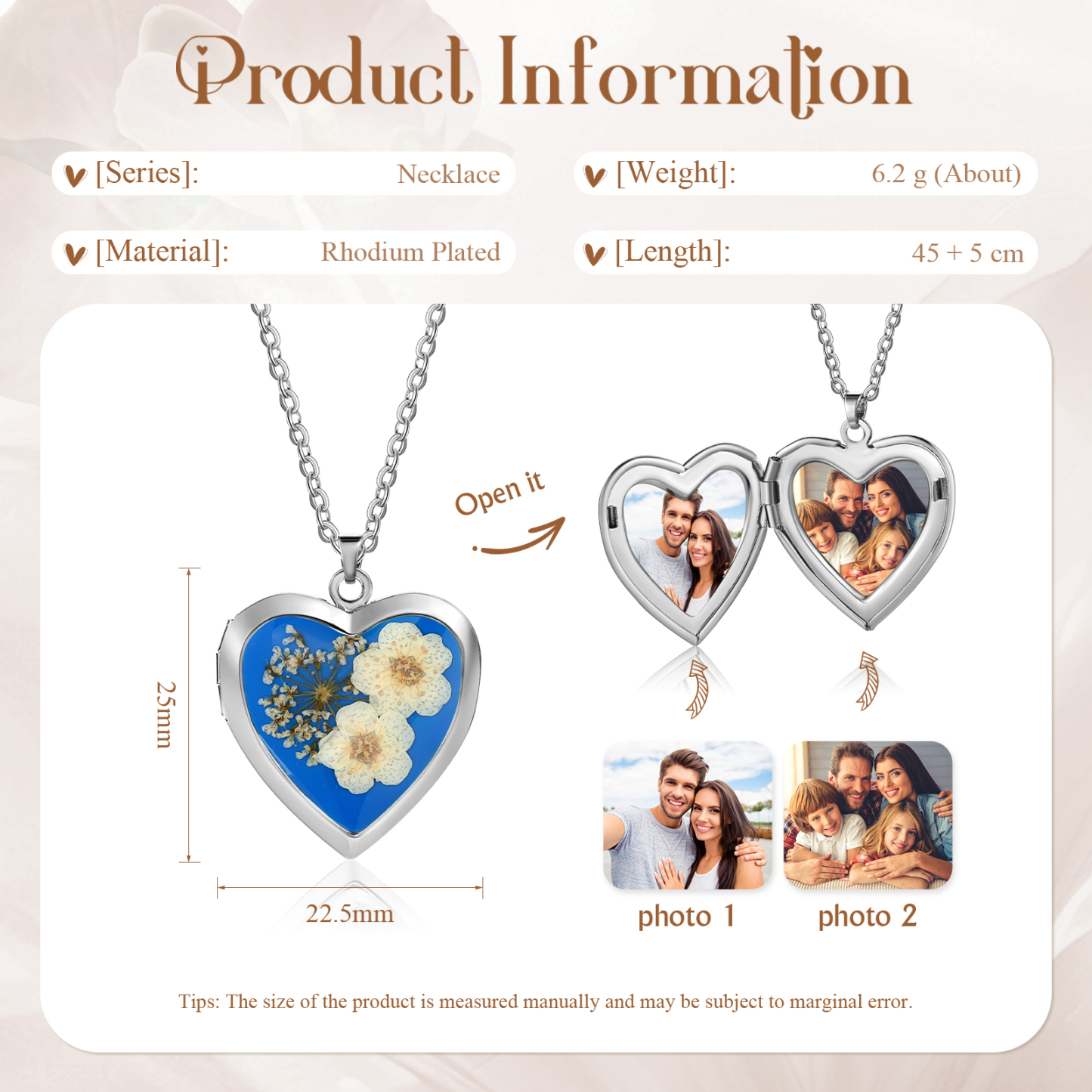 Personalised Women's Necklace – Heart-Shaped Pendant with Flowers & Custom 2 Photos – Available in Three Colors Gift for Her | Jessemade