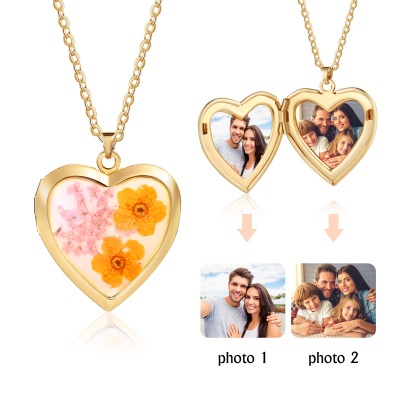 Personalised Women's Necklace – Heart-Shaped Pendant with Flowers & Custom 2 Photos – Available in Three Colors Gift for Her | Jessemade