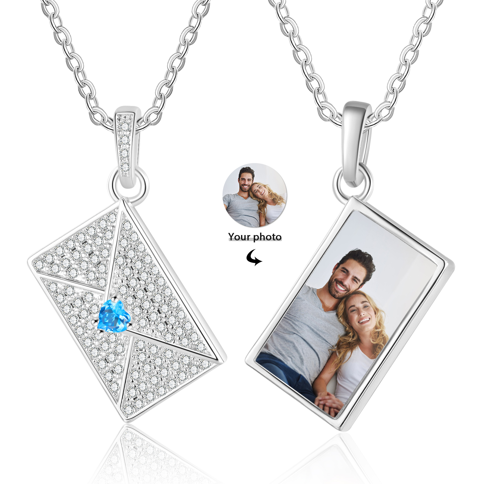 Personalised Envelope Pendant Necklace - Customised with 1 Photo & 1 Birthstone, Available in 4 Colours, Valentine’s Day Gift for Couple | Jessemade