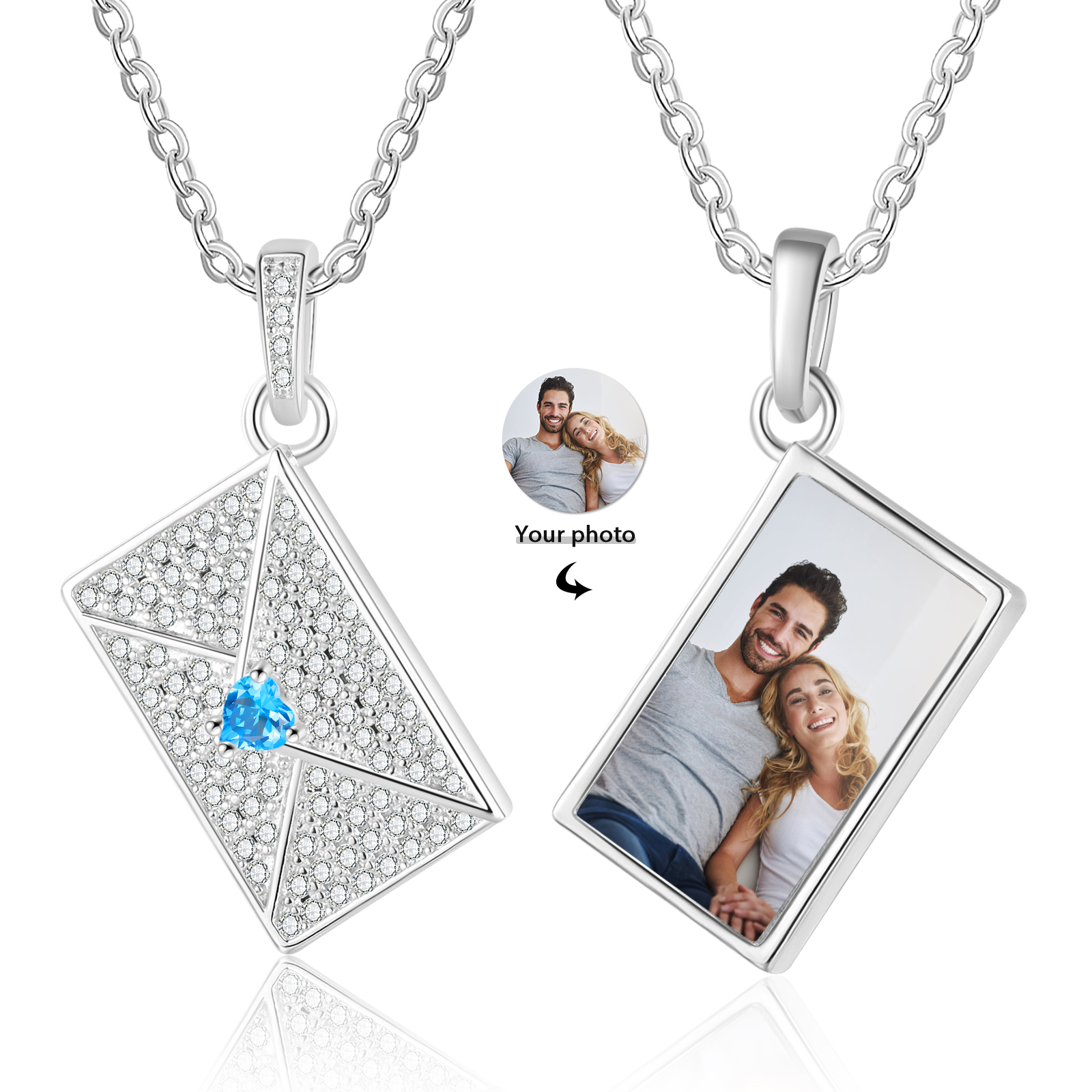 Personalised Envelope Pendant Necklace - Customised with 1 Photo & 1 Birthstone, Available in 4 Colours, Valentine’s Day Gift for Couple | Jessemade