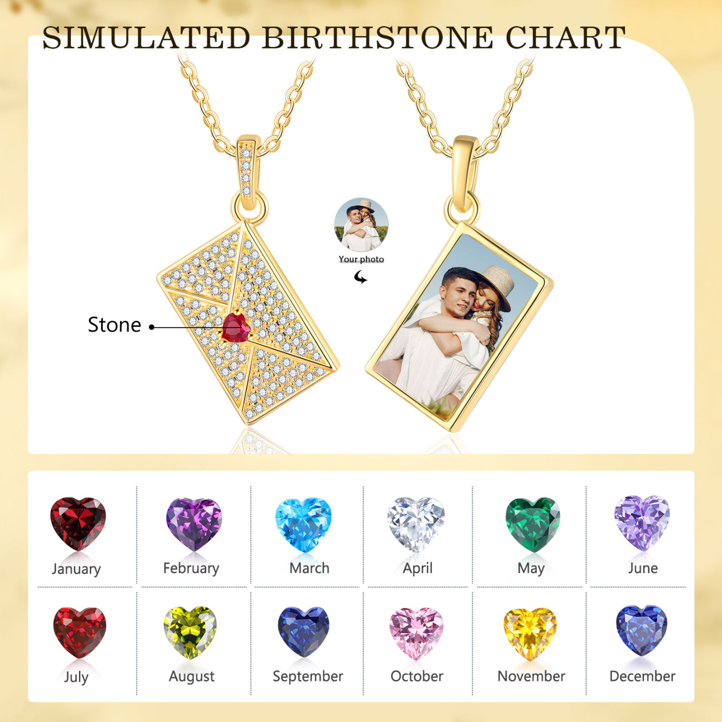 Personalised Envelope Pendant Necklace - Customised with 1 Photo & 1 Birthstone, Available in 4 Colours, Valentine’s Day Gift for Couple | Jessemade