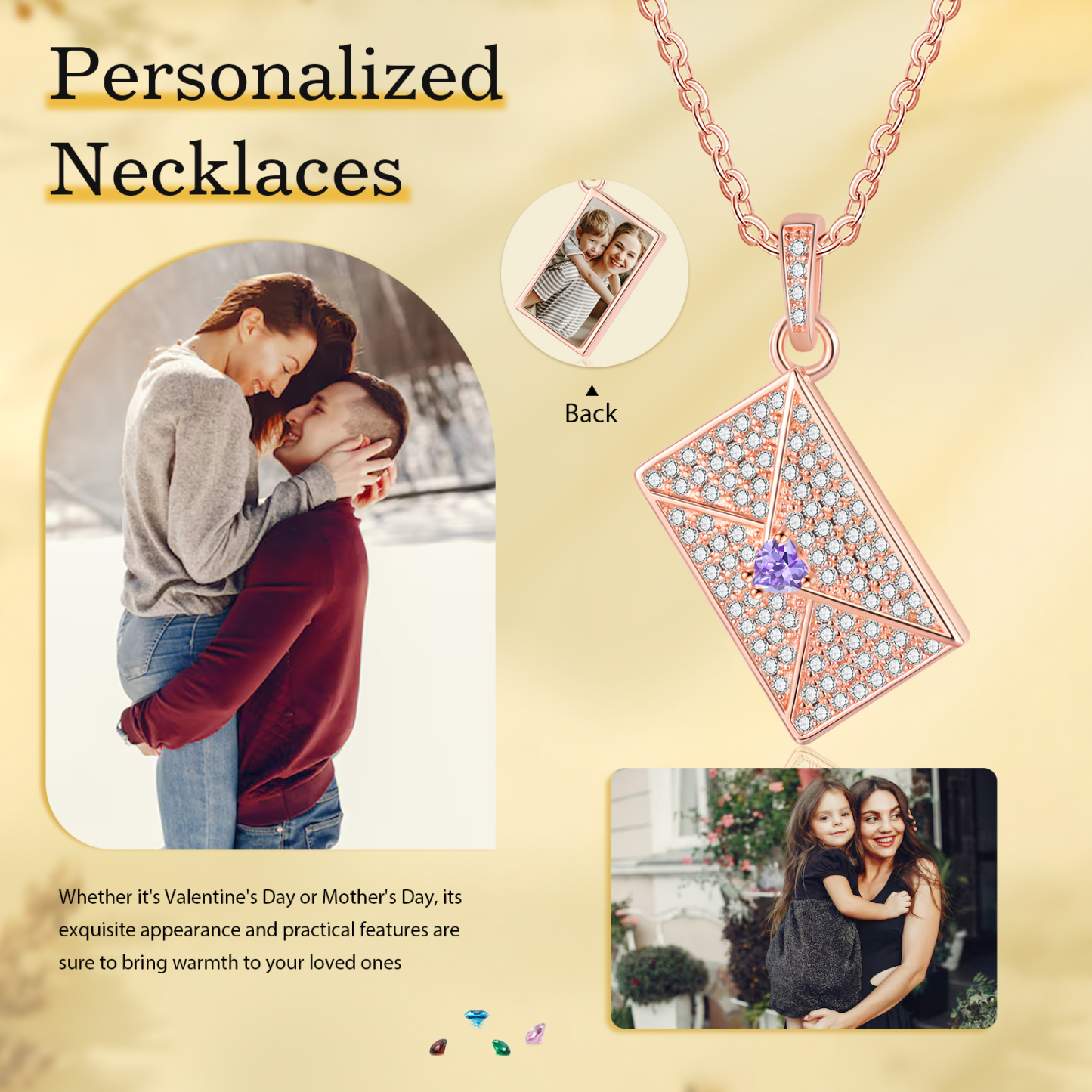 Personalised Envelope Pendant Necklace - Customised with 1 Photo & 1 Birthstone, Available in 4 Colours, Valentine’s Day Gift for Couple | Jessemade