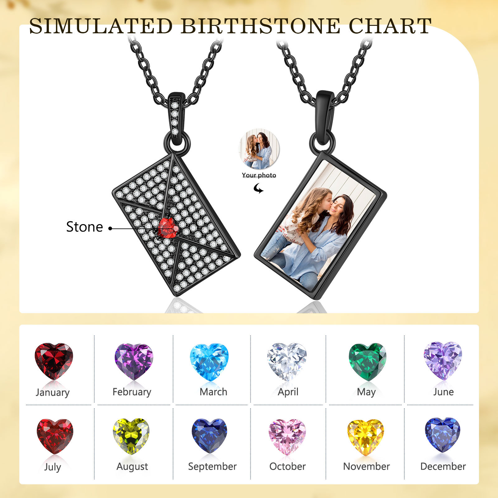 Personalised Envelope Pendant Necklace - Customised with 1 Photo & 1 Birthstone, Available in 4 Colours, Valentine’s Day Gift for Couple | Jessemade