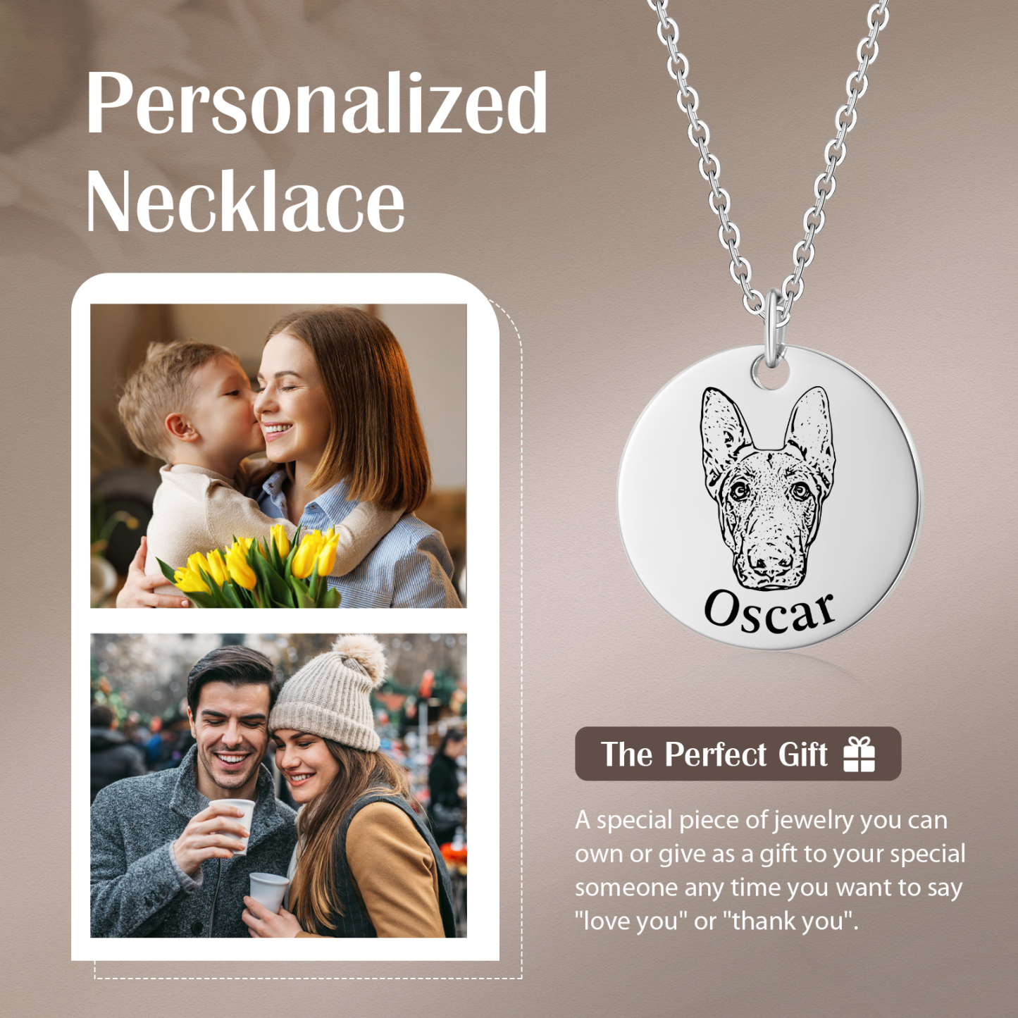 Personalised Pet Round Necklace Engraved Pets Face and Name Gift for Her | Jessemade