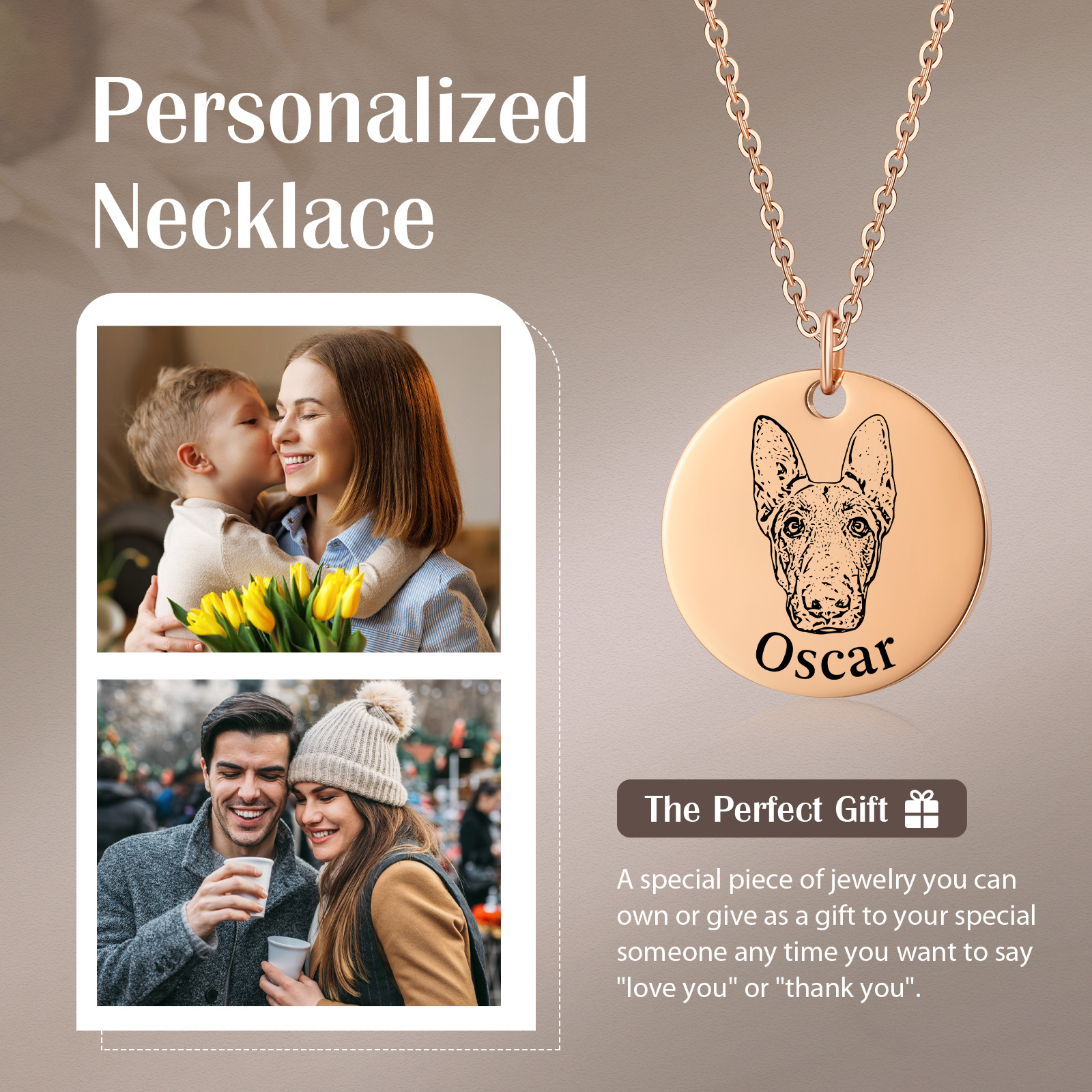 Personalised Pet Round Necklace Engraved Pets Face and Name Gift for Her | Jessemade