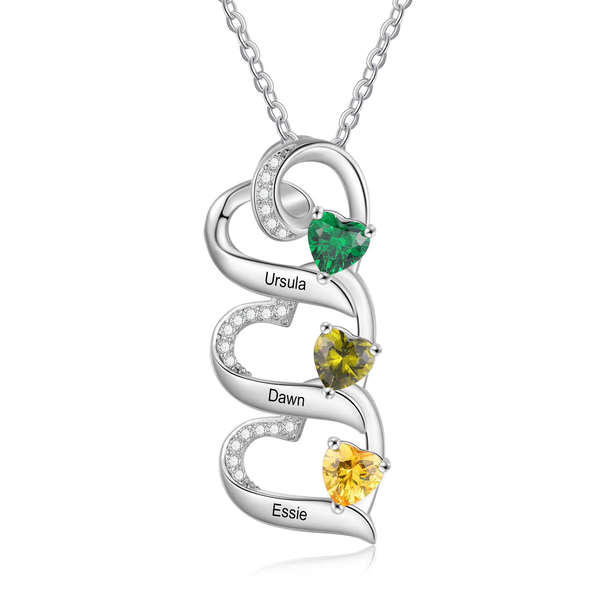Personalised Heart Necklace with Custom 3 Names & 3 Birthstones – 925 Sterling Silver Triple Heart Design – Special Gift for Her | Jessemade