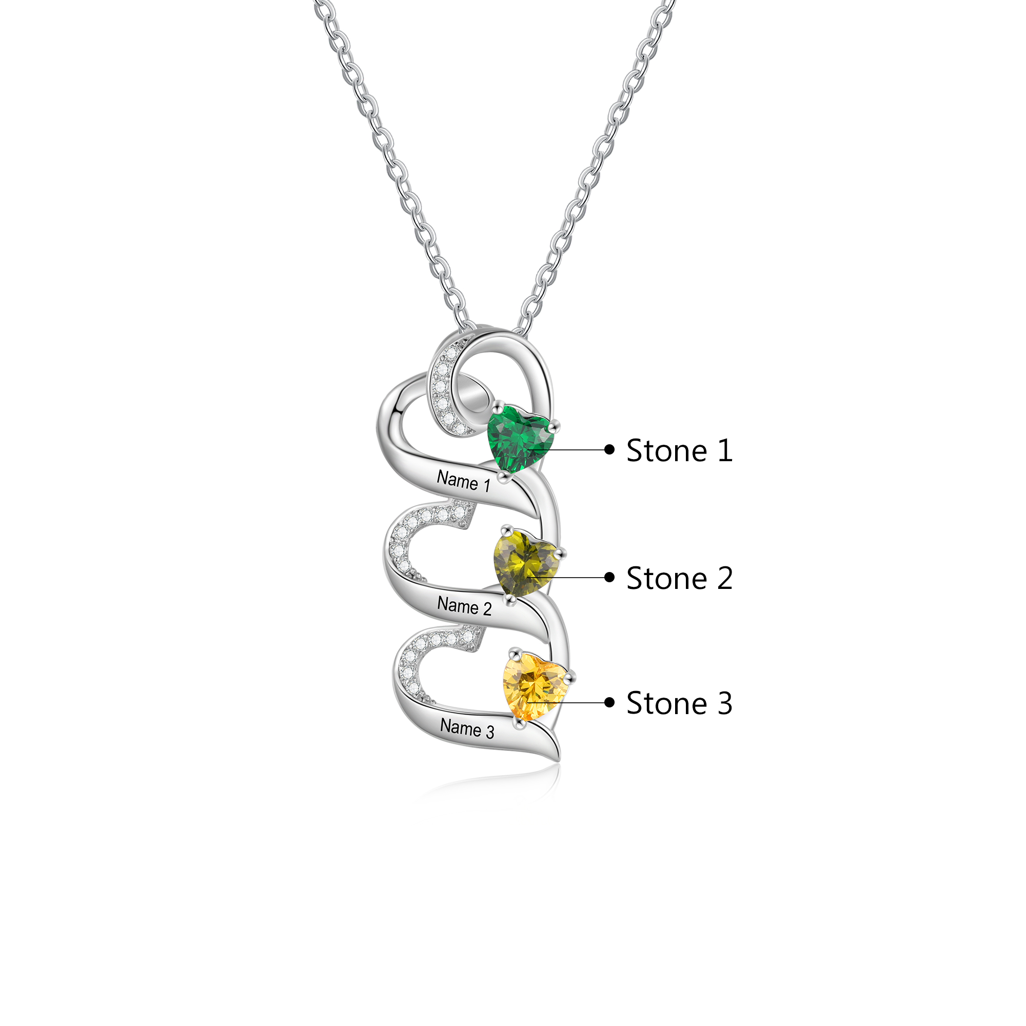 Personalised Heart Necklace with Custom 3 Names & 3 Birthstones – 925 Sterling Silver Triple Heart Design – Special Gift for Her | Jessemade
