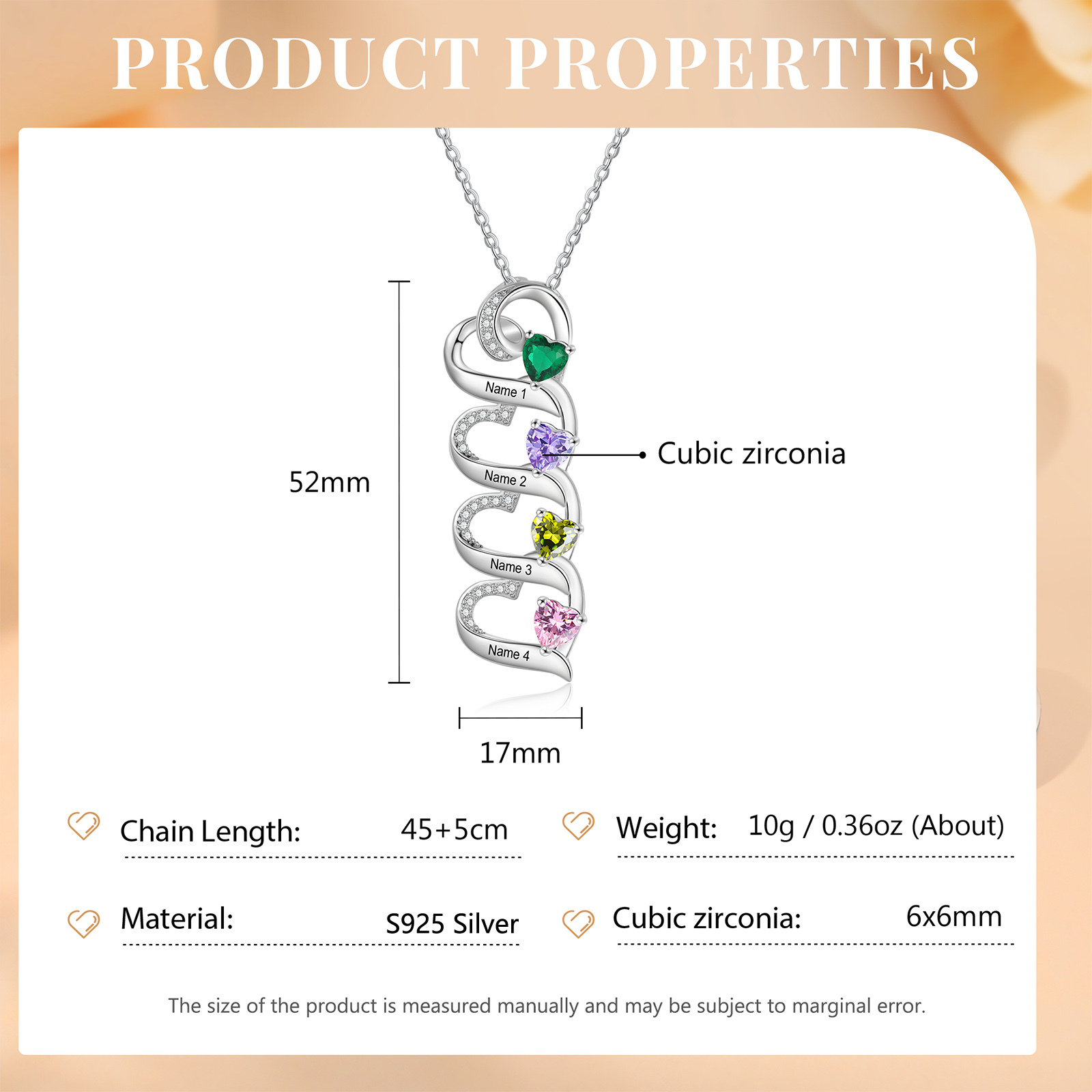 Personalised Heart Necklace with Custom 4 Names & 4 Birthstones – 925 Sterling Silver Quadruple Heart Design – Special Gift for Her | Jessemade