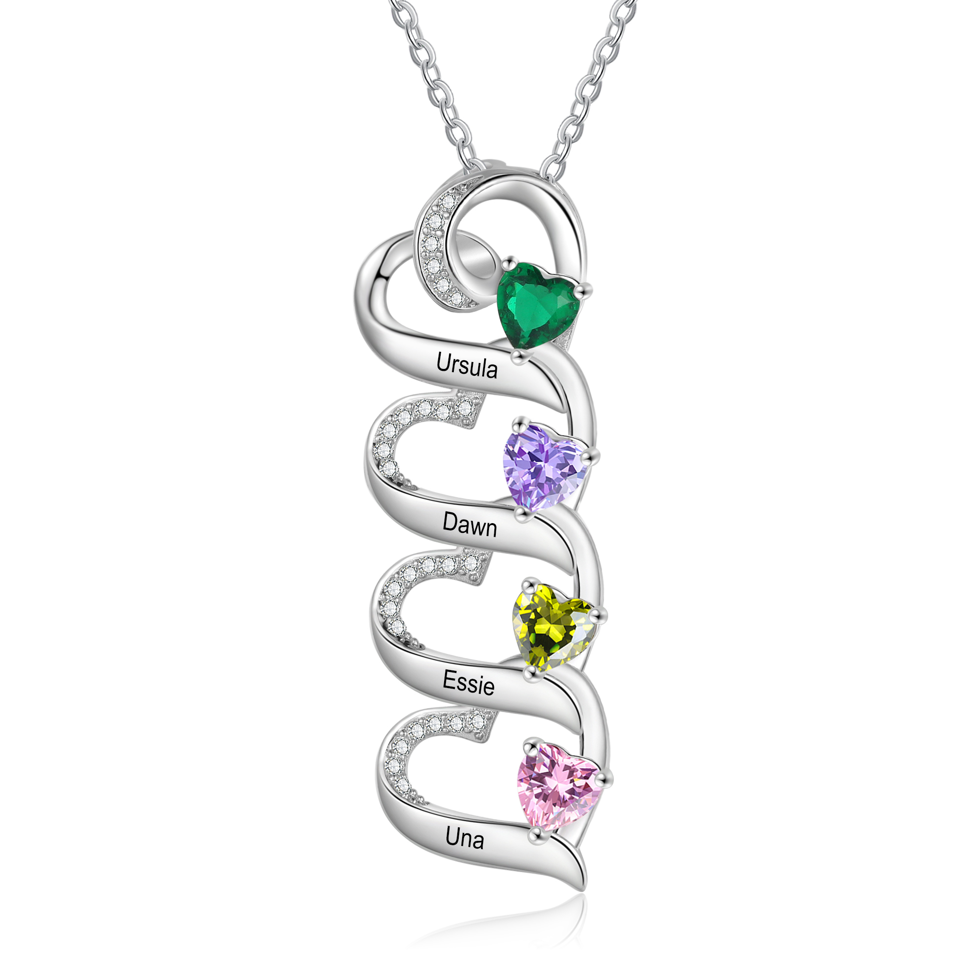 Personalised Heart Necklace with Custom 4 Names & 4 Birthstones – 925 Sterling Silver Quadruple Heart Design – Special Gift for Her | Jessemade