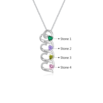 Personalised Heart Necklace with Custom 4 Names & 4 Birthstones – 925 Sterling Silver Quadruple Heart Design – Special Gift for Her | Jessemade