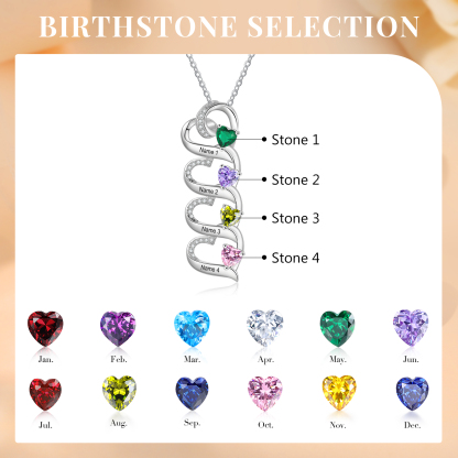 Personalised Heart Necklace with Custom 4 Names & 4 Birthstones – 925 Sterling Silver Quadruple Heart Design – Special Gift for Her | Jessemade