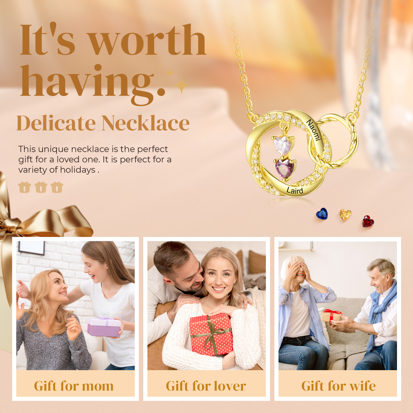 Personalised Birthstone Necklace, Custom 2-3 Names & Birthstones Gift for Women | Jessemade