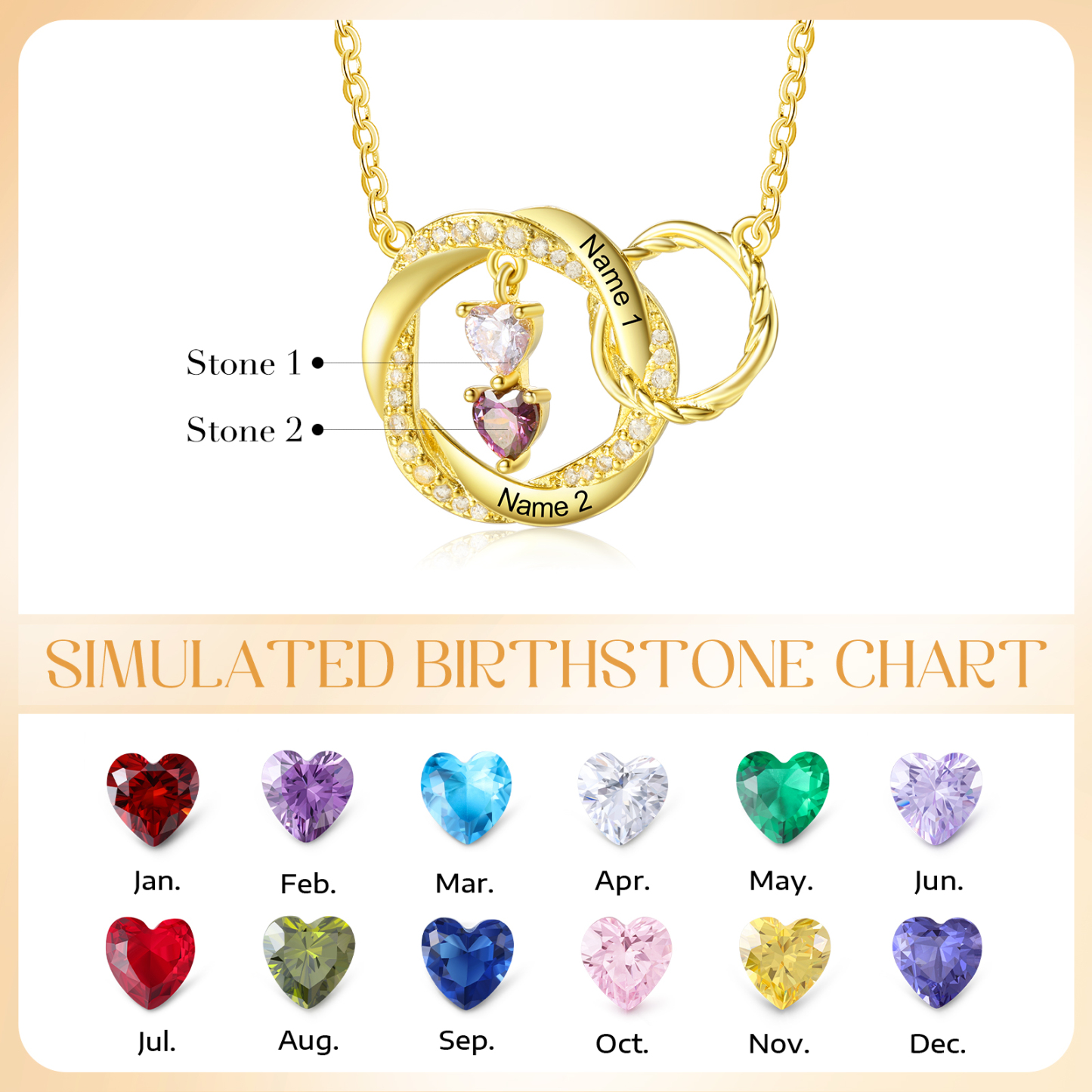Personalised Birthstone Necklace, Custom 2-3 Names & Birthstones Gift for Women | Jessemade