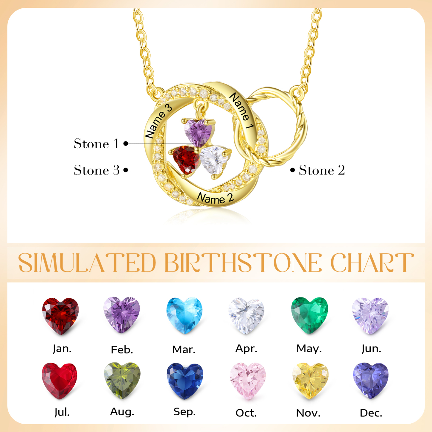 Personalised Birthstone Necklace, Custom 2-3 Names & Birthstones Gift for Women | Jessemade