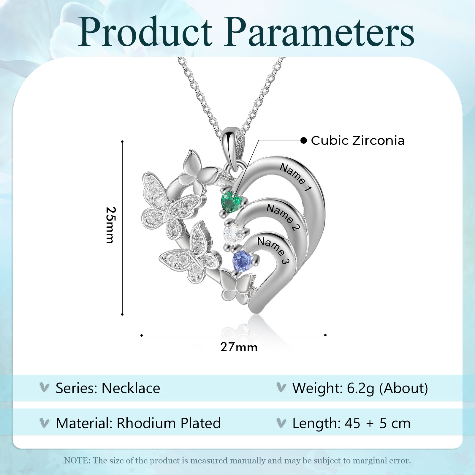 Personalised Butterfly Heart Birthstone Necklace – Custom 3 Names & 3 Birthstones Gift for Her | Jessemade