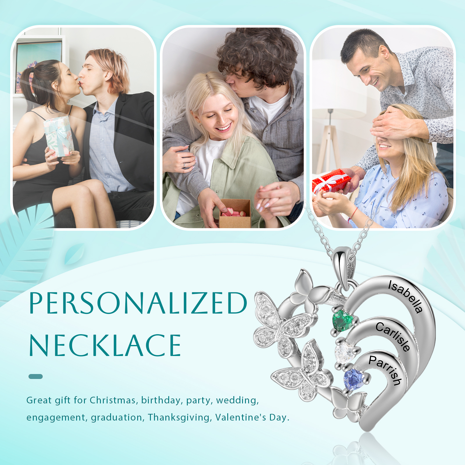 Personalised Butterfly Heart Birthstone Necklace – Custom 3 Names & 3 Birthstones Gift for Her | Jessemade