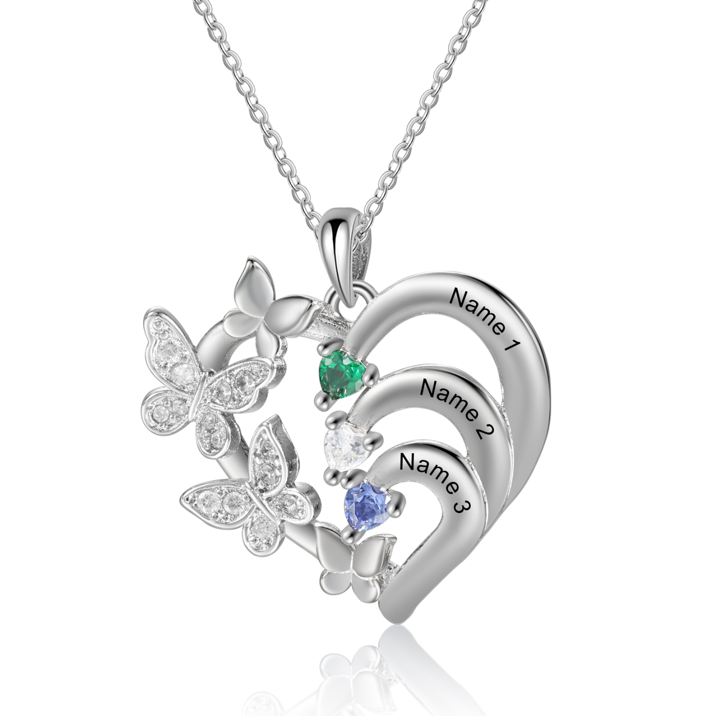 Personalised Butterfly Heart Birthstone Necklace – Custom 3 Names & 3 Birthstones Gift for Her | Jessemade