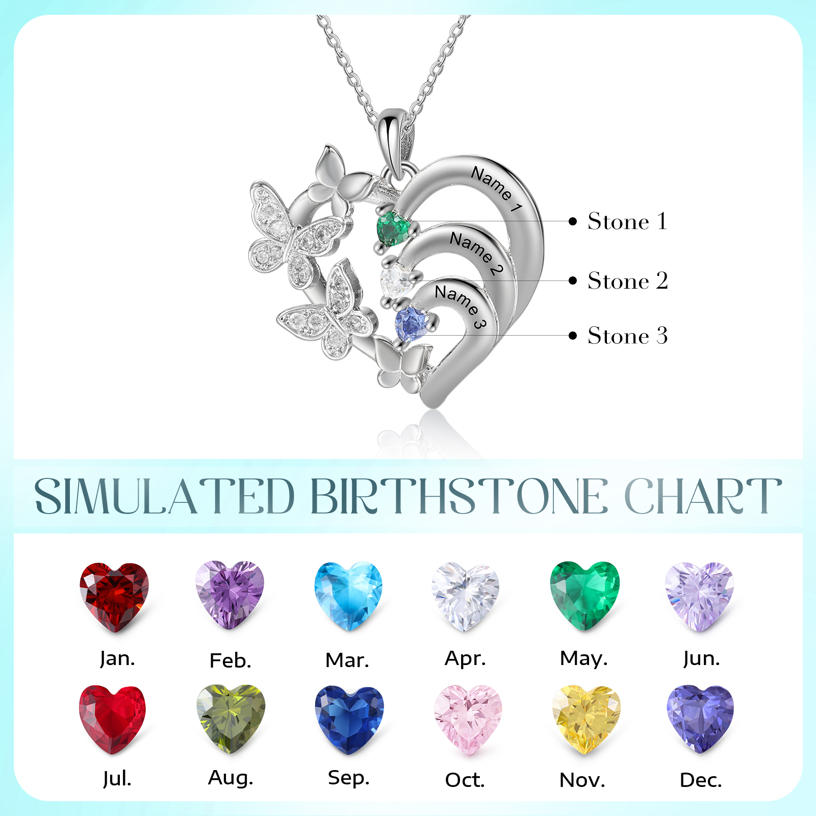 Personalised Butterfly Heart Birthstone Necklace – Custom 3 Names & 3 Birthstones Gift for Her | Jessemade