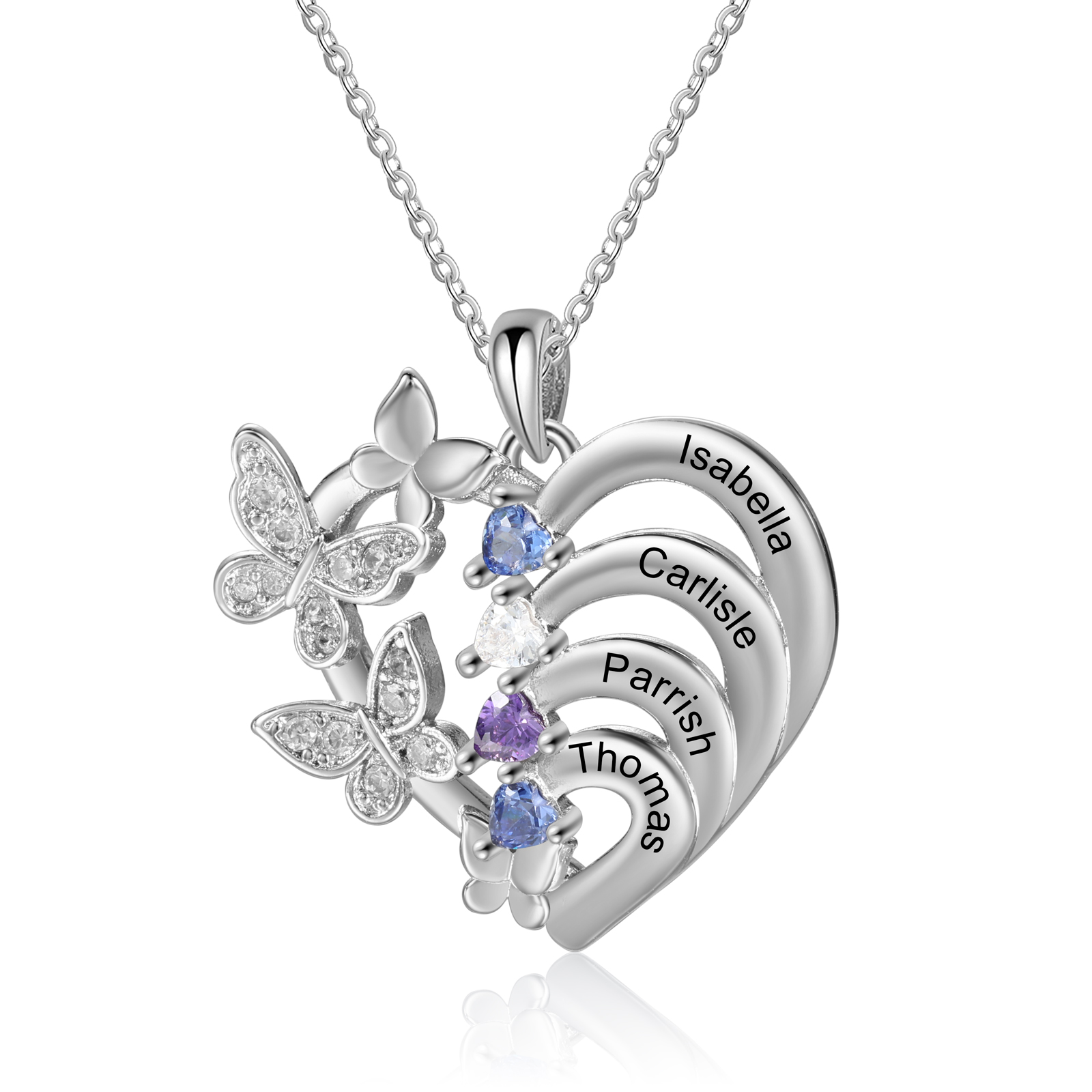 Personalised Butterfly Heart Birthstone Necklace – Custom 4 Names & 4 Birthstones Gift for Her | Jessemade