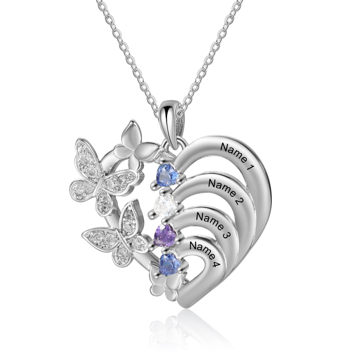 Personalised  2-4 Names Butterfly Heart Birthstone Necklace