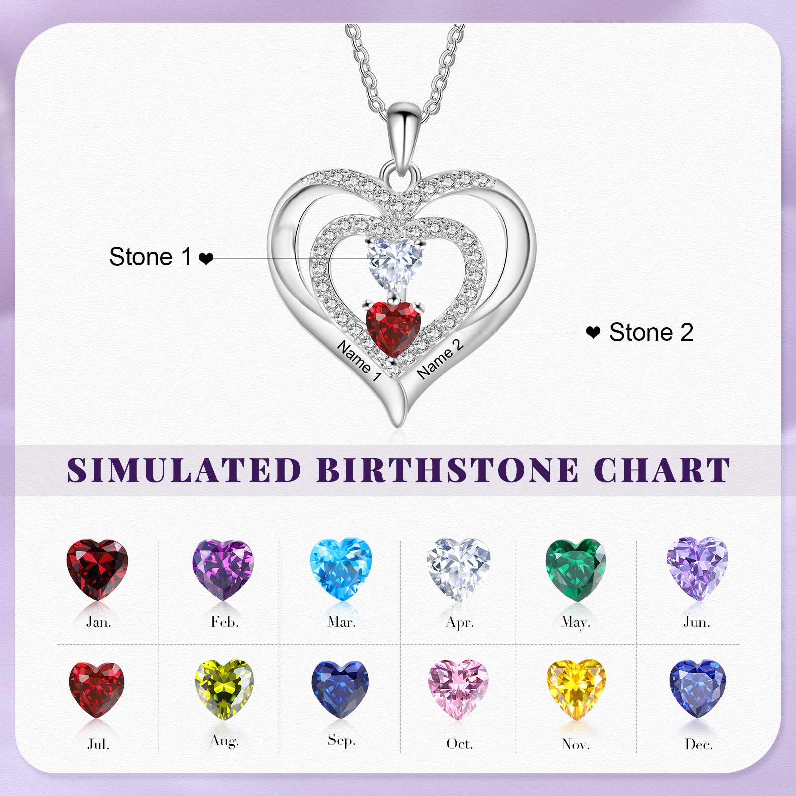 Personalised Heart Birthstone Necklace – Custom 2 Names & 2 Birthstones Gift for Her | Jessemade
