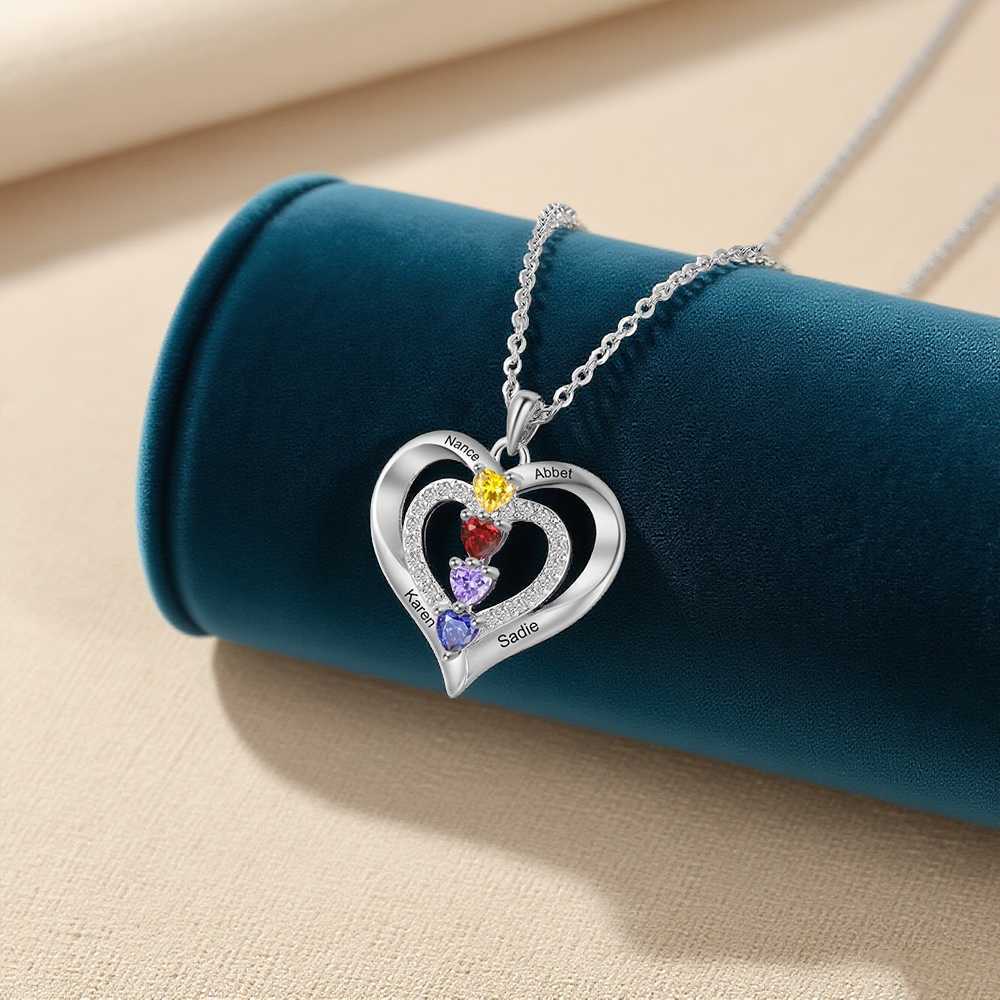 Personalised Family Heart Birthstone Necklace 2-4 Names