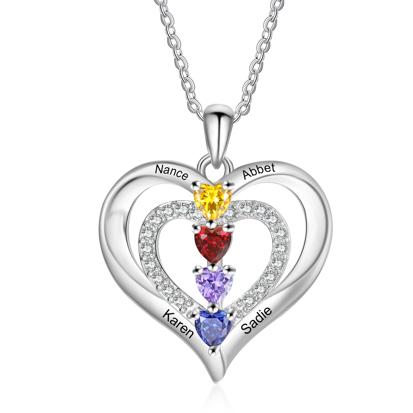 Personalised Heart Birthstone Necklace – Custom 4 Names & 4 Birthstones Gift for Her | Jessemade