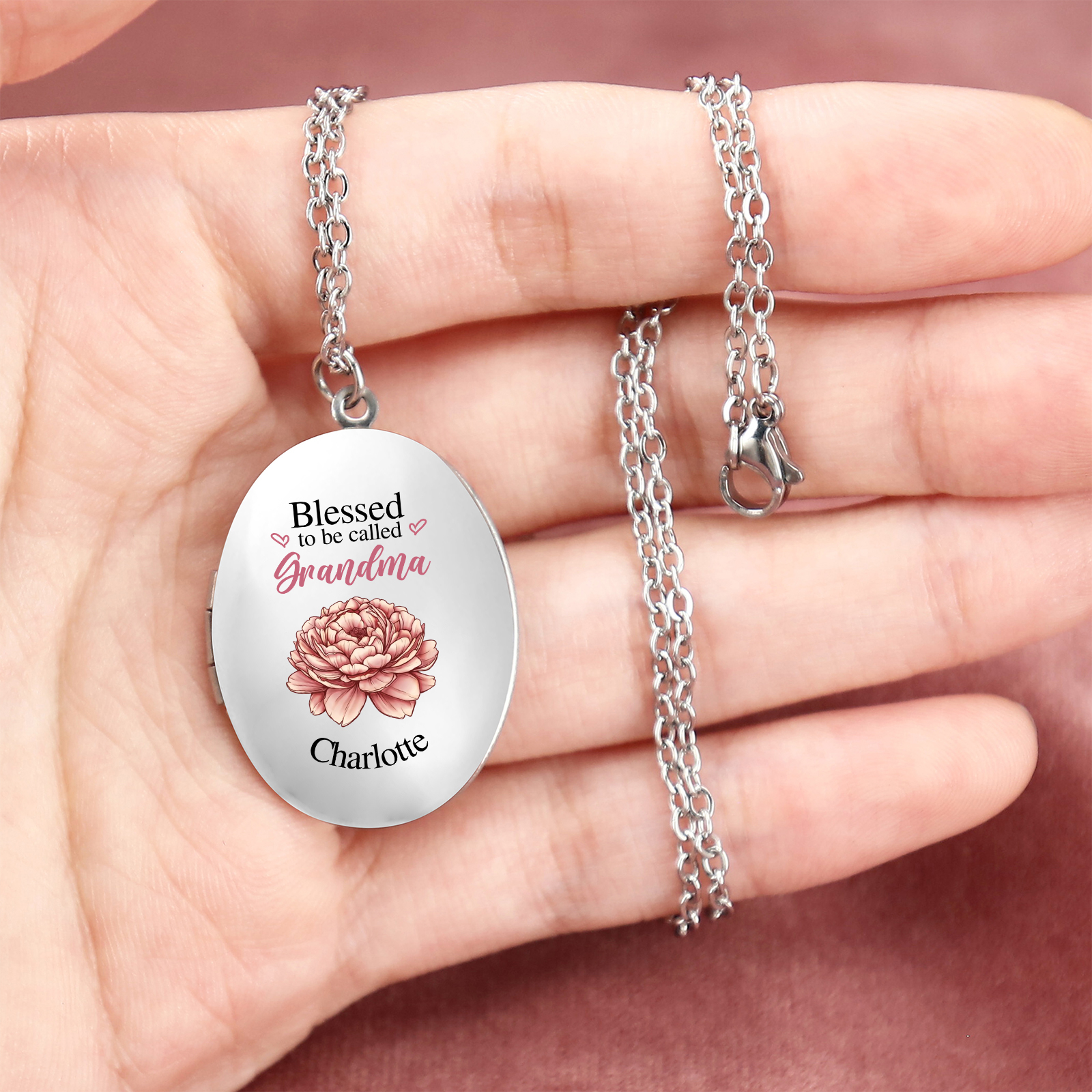 Personalised Birth Flower Locket Necklace, Custom 1 Photo  & 1 Name Pendant Gift for Grandma | Jessemade