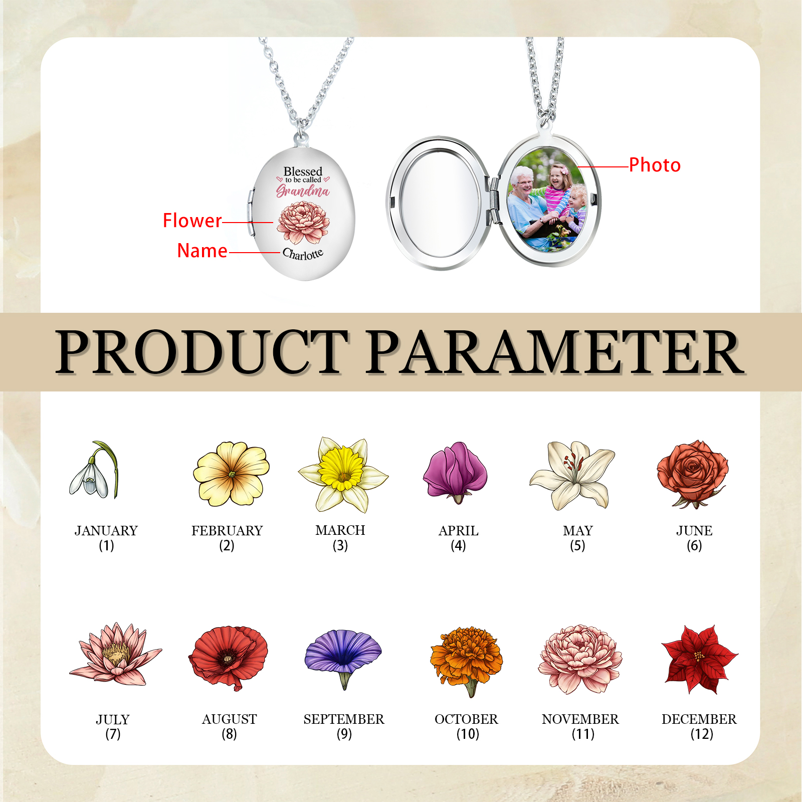 Personalised Birth Flower Locket Necklace, Custom 1 Photo  & 1 Name Pendant Gift for Grandma | Jessemade