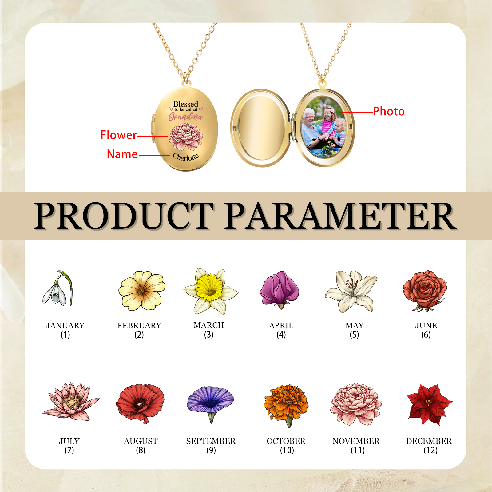 Personalised Birth Flower Locket Necklace, Custom 1 Photo  & 1 Name Pendant Gift for Grandma | Jessemade