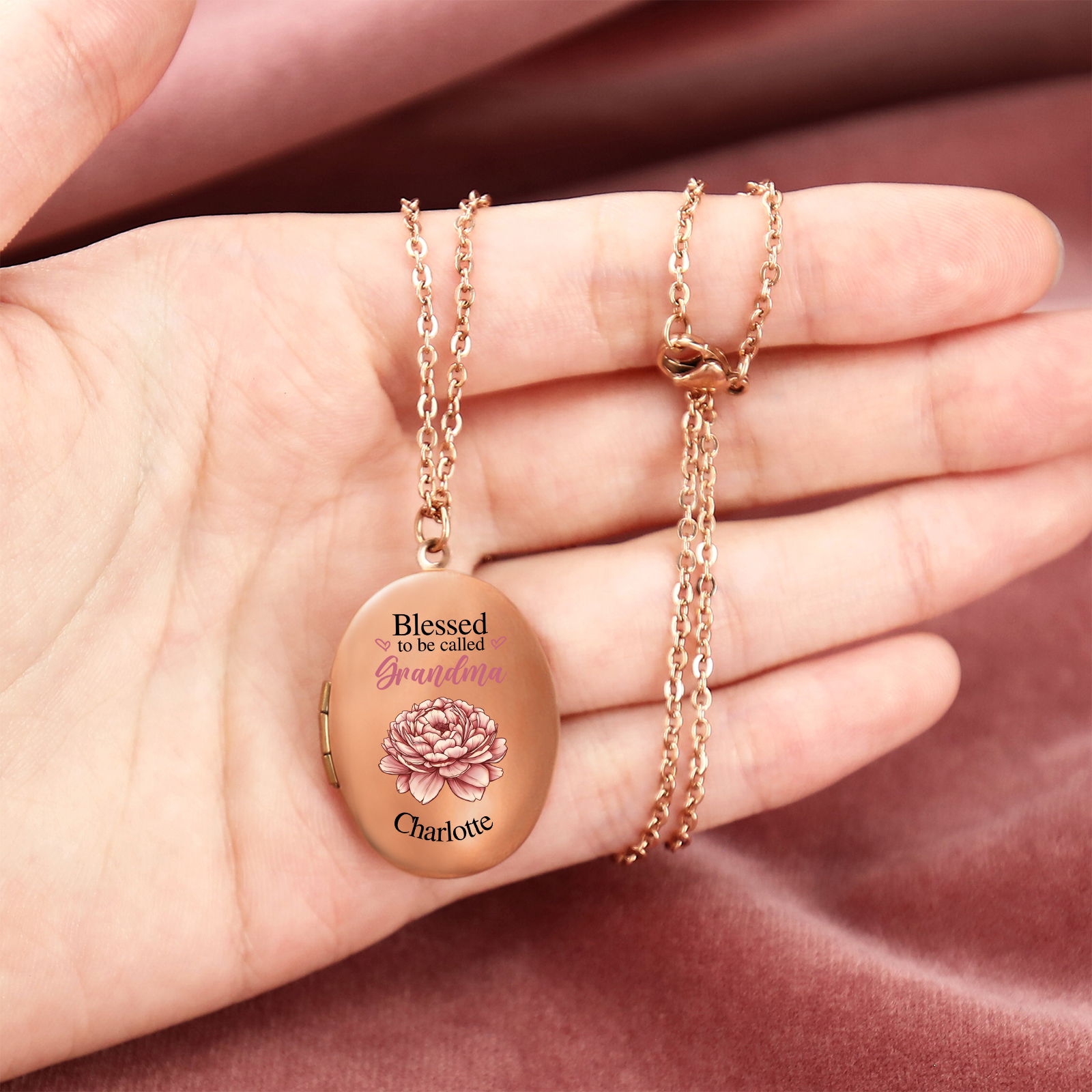 Personalised Birth Flower Locket Necklace, Custom 1 Photo  & 1 Name Pendant Gift for Grandma | Jessemade