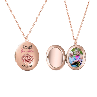 Personalised Birth Flower Locket Necklace, Custom 1 Photo  & 1 Name Pendant Gift for Grandma | Jessemade