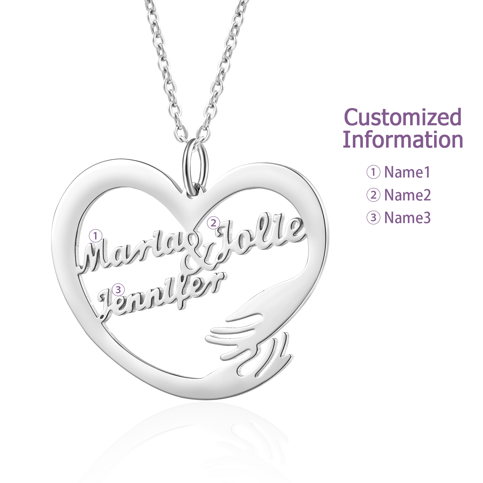Personalised 3 Names Heart Name Necklace, Custom Women's Pendant Necklace Gift for Women | Jessemade