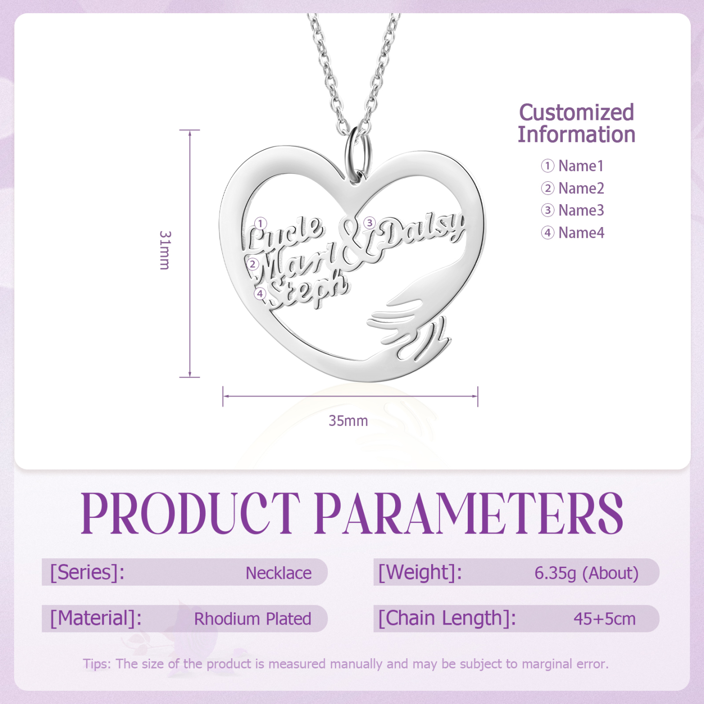 Personalised 4 Names Heart Name Necklace, Custom Women's Pendant Necklace Gift for Women | Jessemade