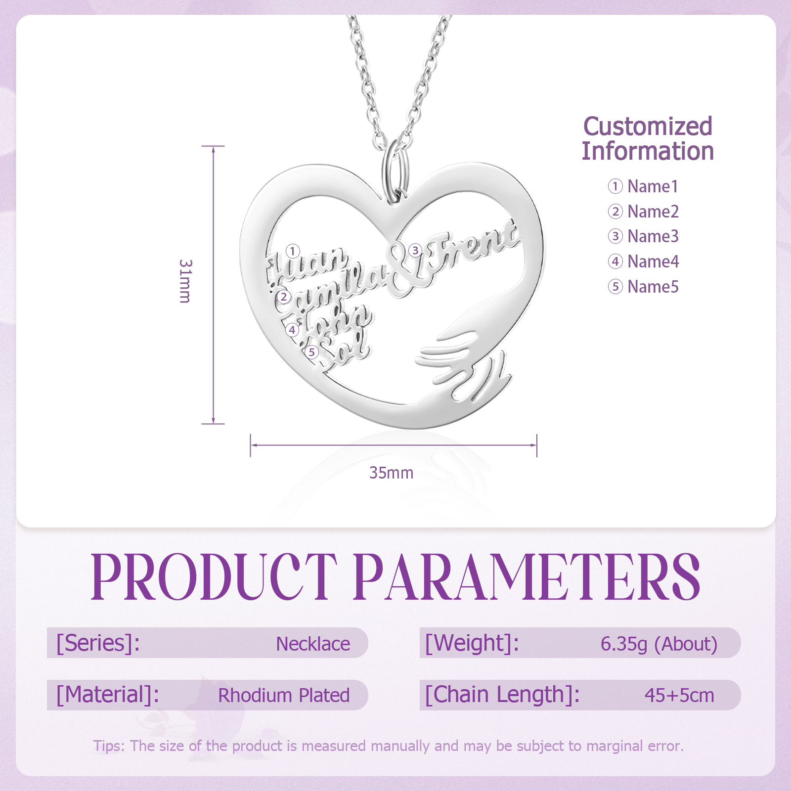 Personalised 5 Names Heart Name Necklace, Custom Women's Pendant Necklace Gift for Women | Jessemade