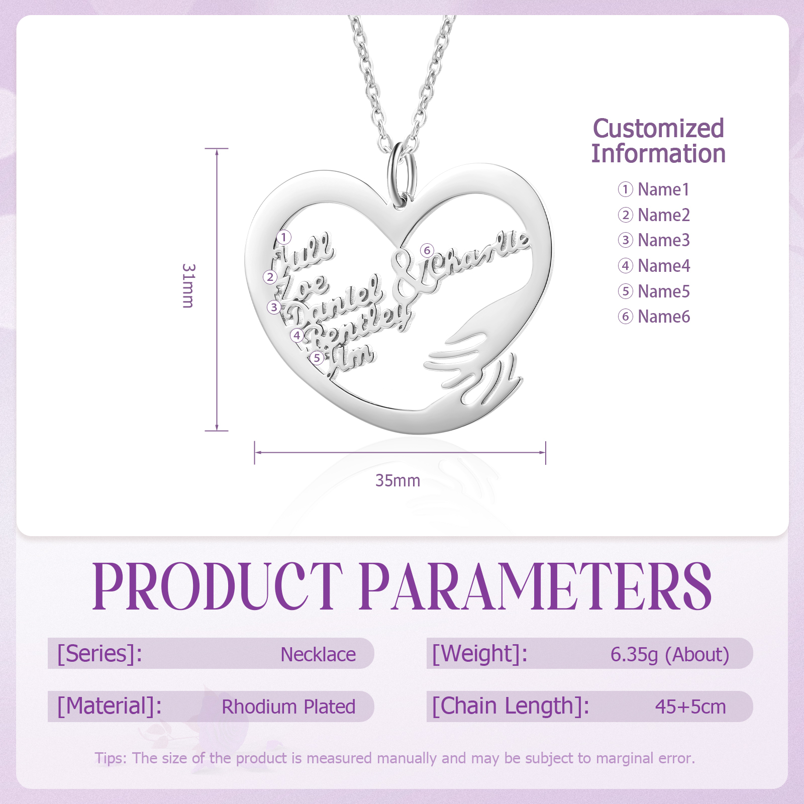 Personalised 6 Names Heart Name Necklace, Custom Women's Pendant Necklace Gift for Women | Jessemade
