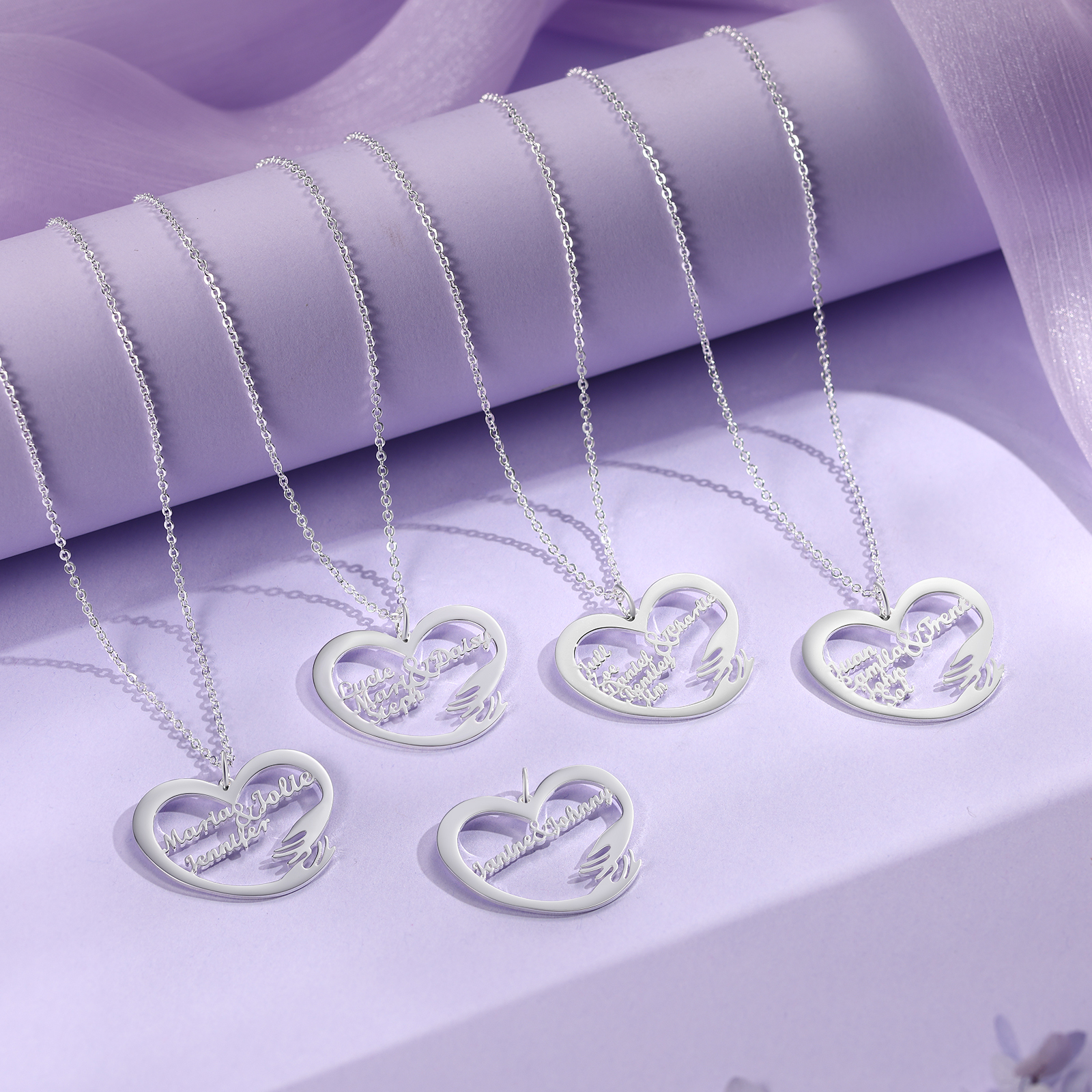 Personalised 6 Names Heart Name Necklace, Custom Women's Pendant Necklace Gift for Women | Jessemade
