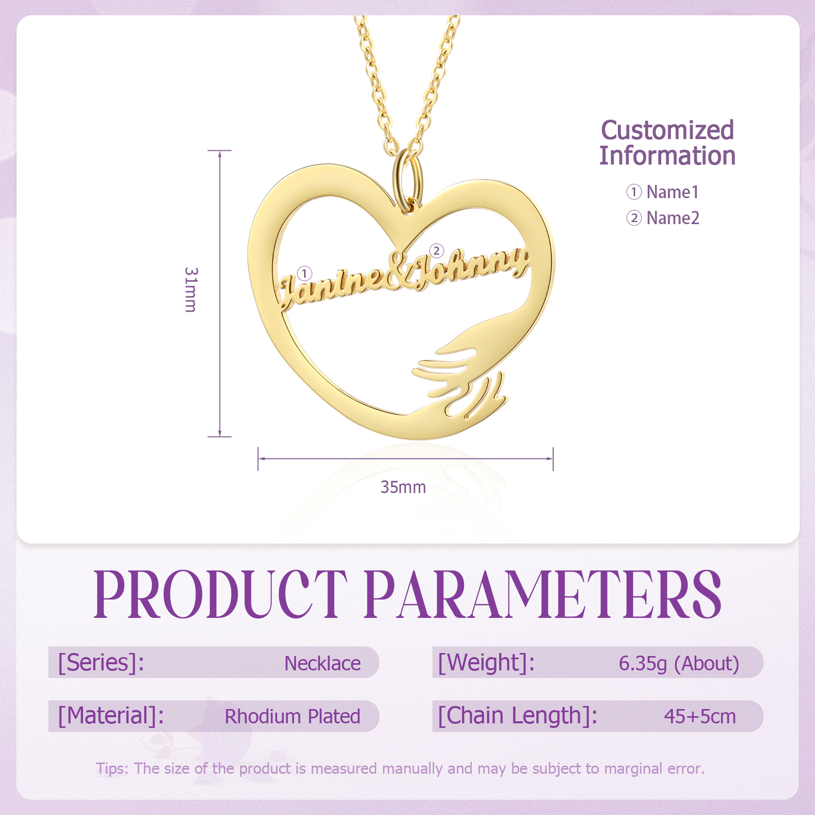 Personalised 2 Names Heart Name Necklace, Custom Women's Pendant Necklace Gift for Women | Jessemade