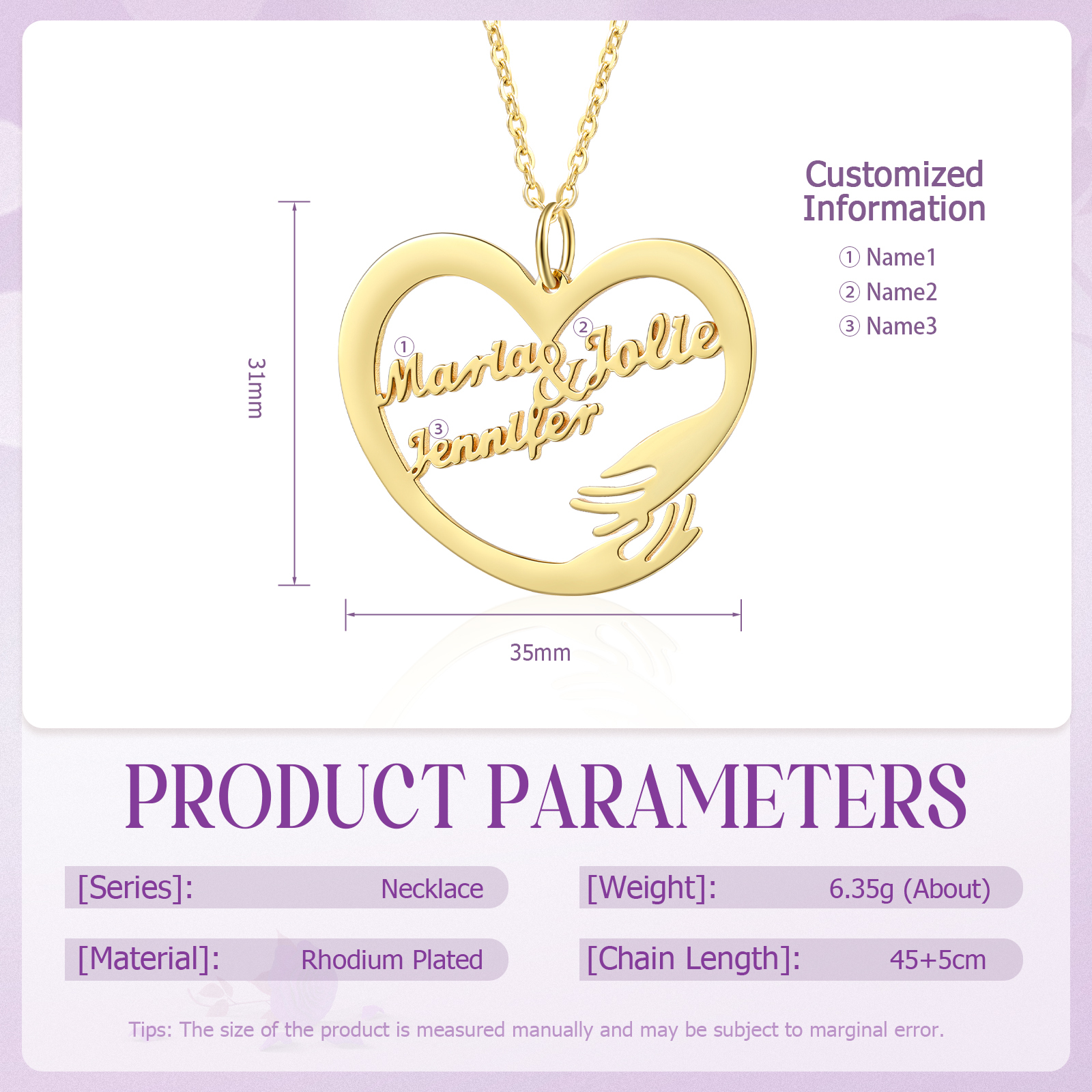 Personalised 3 Names Heart Name Necklace, Custom Women's Pendant Necklace Gift for Women | Jessemade
