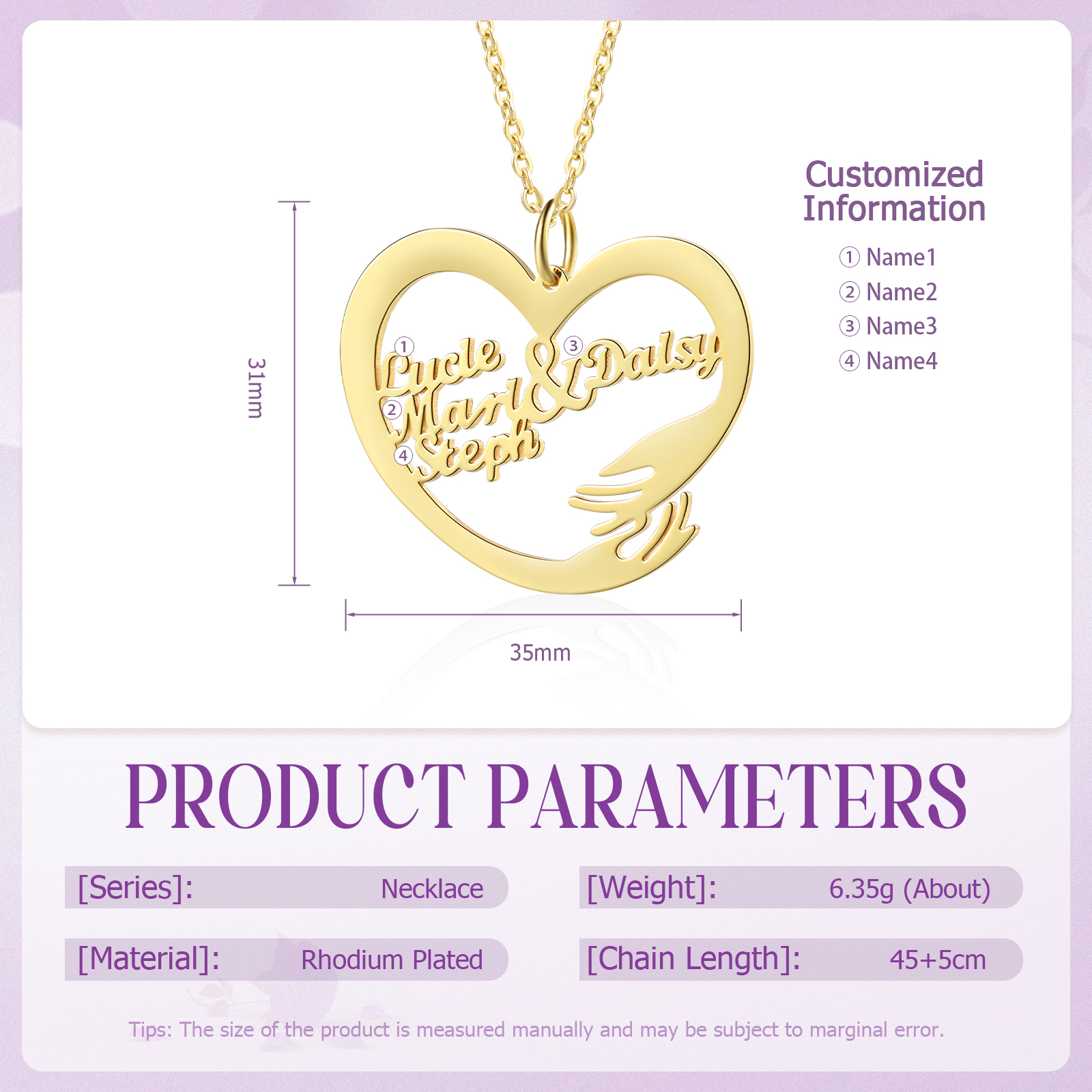 Personalised 4 Names Heart Name Necklace, Custom Women's Pendant Necklace Gift for Women | Jessemade