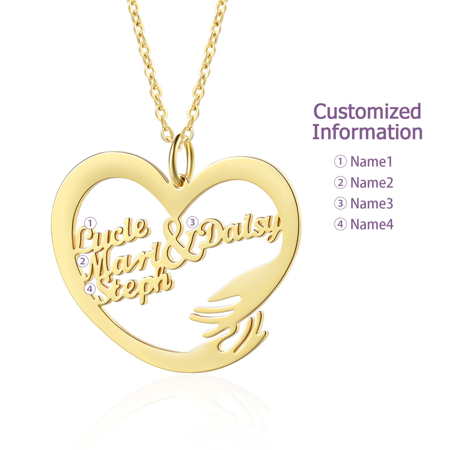 Personalised 4 Names Heart Name Necklace, Custom Women's Pendant Necklace Gift for Women | Jessemade