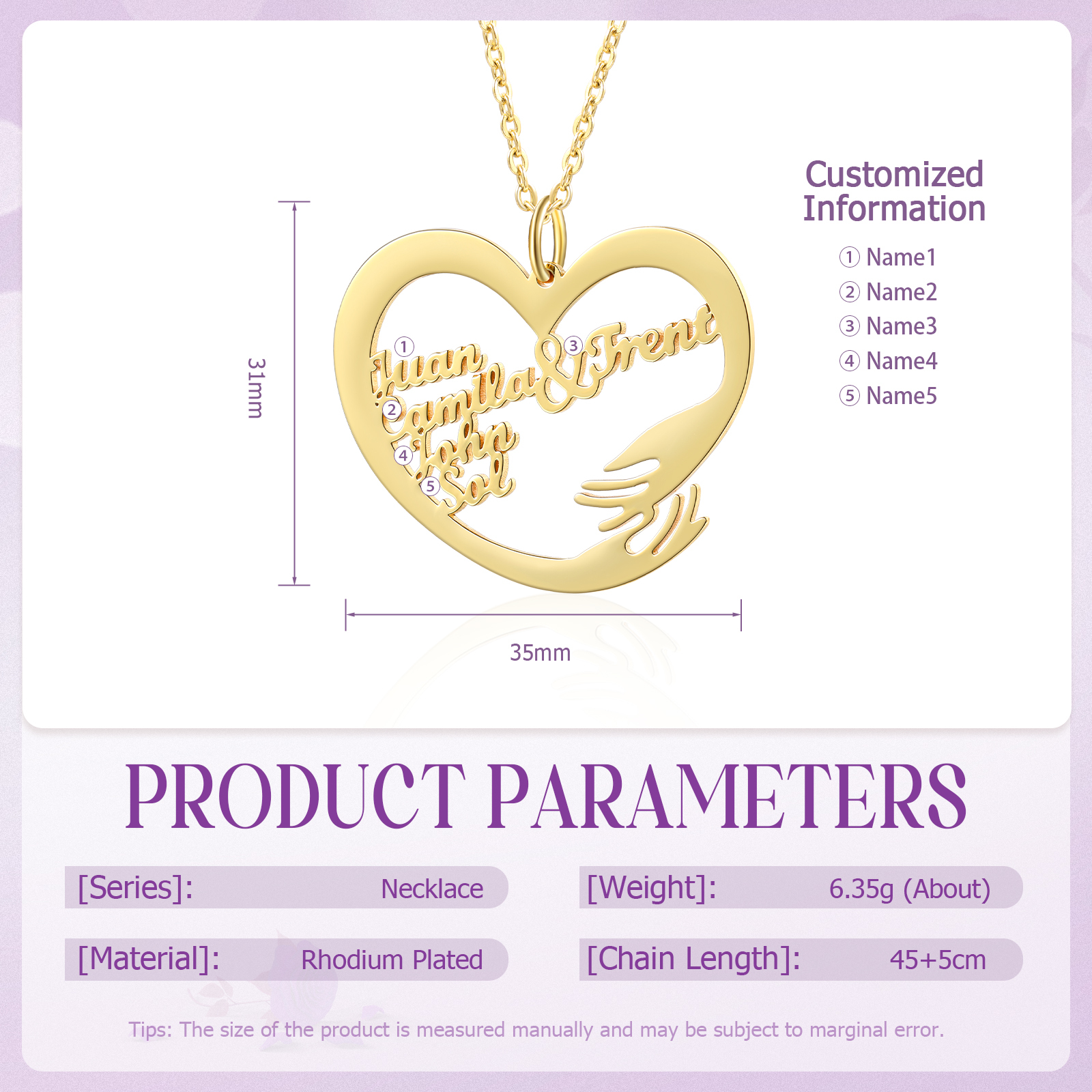 Personalised 5 Names Heart Name Necklace, Custom Women's Pendant Necklace Gift for Women | Jessemade