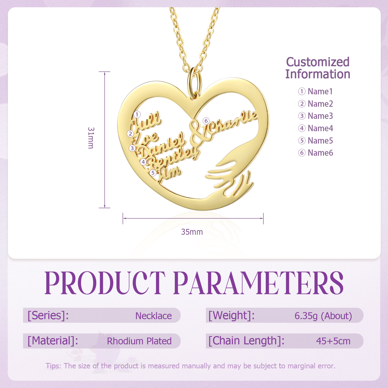 Personalised 6 Names Heart Name Necklace, Custom Women's Pendant Necklace Gift for Women | Jessemade