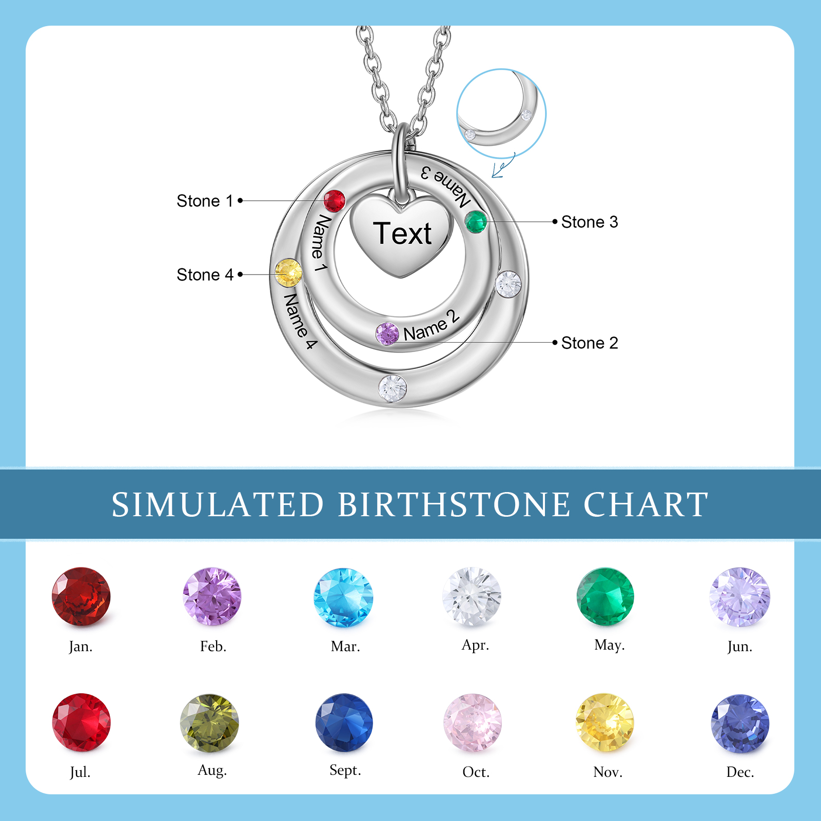 Personalised Women's Birthstone Necklace with 4 Names & 4 Birthstones & 1 Text Design Gift for Her | Jessemade